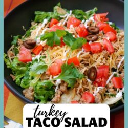 shallow black dish with turkey taco salad, with text overlay.