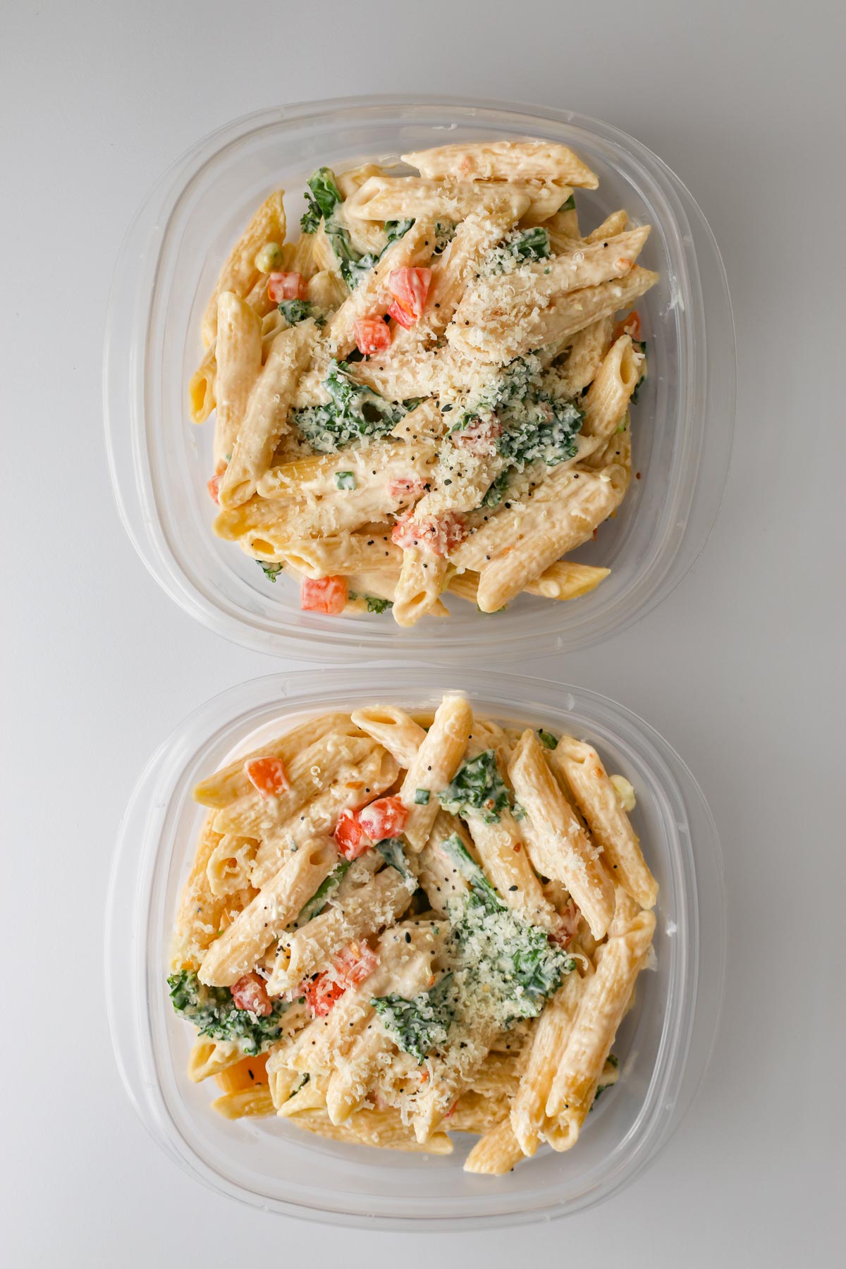 cream cheese pasta in meal prep containers.