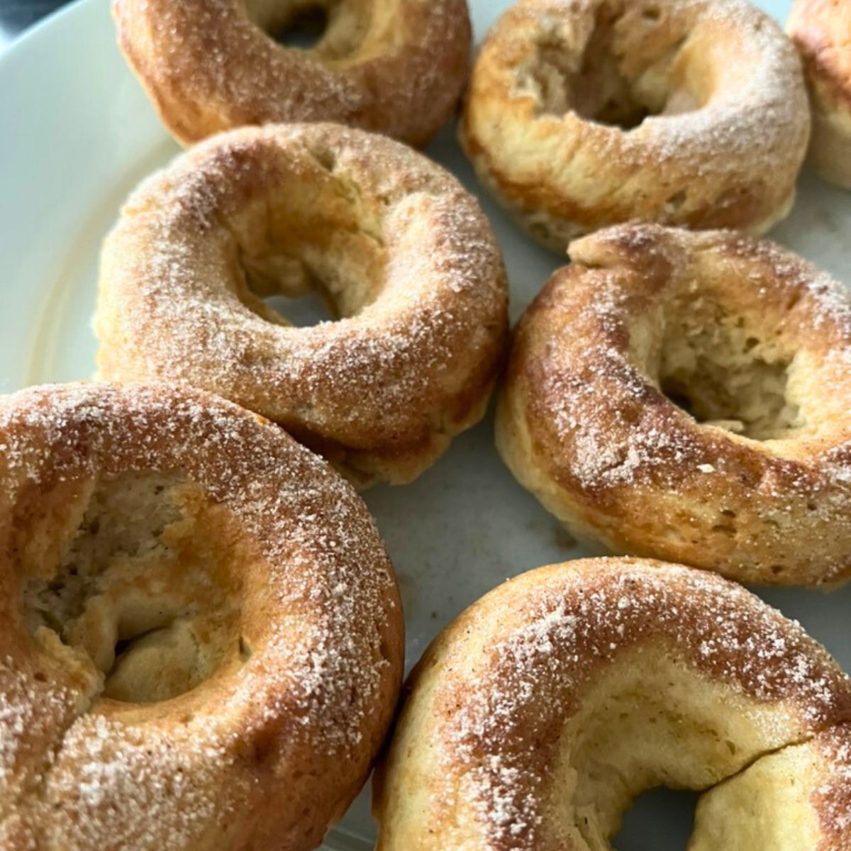 a plate of sourdough donuts sprinkled with spiced sugar.