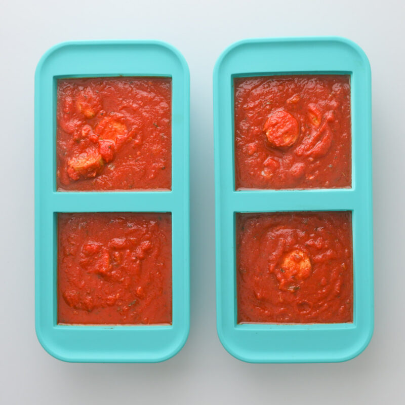 spaghetti sauce in souper cubes to be frozen for later.