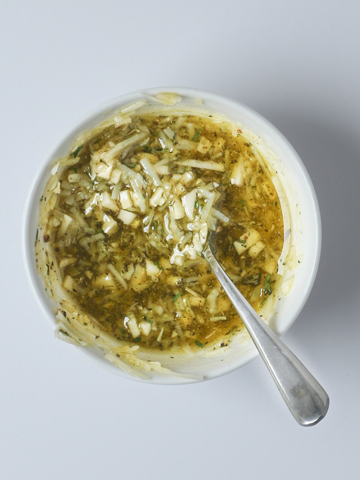 prepared garlic sauce in white bowl.