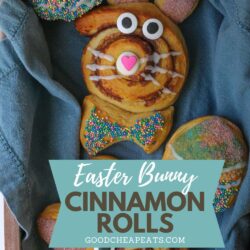 close up of easter bunny cinnamon rolls and easter egg biscuits in lined basket, with text overlay.