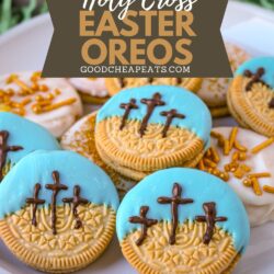 plate of easter oreos, with text overlay.