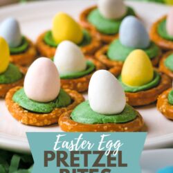 plate of Easter egg pretzels, with text overlay.