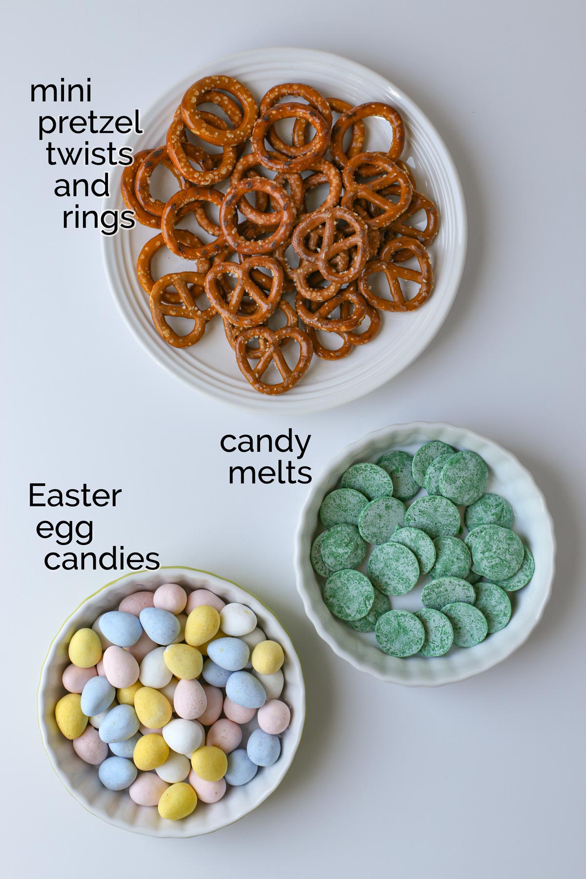 ingredients for Easter pretzels laid out on white table.
