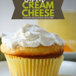 cupcake with sweet cream cheese topping on white plate, with text overlay.