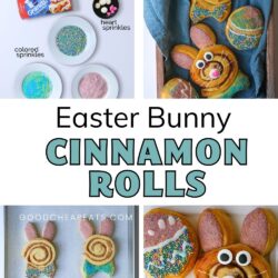 Collage of easter bunny cinnamon roll images, with text overlay.