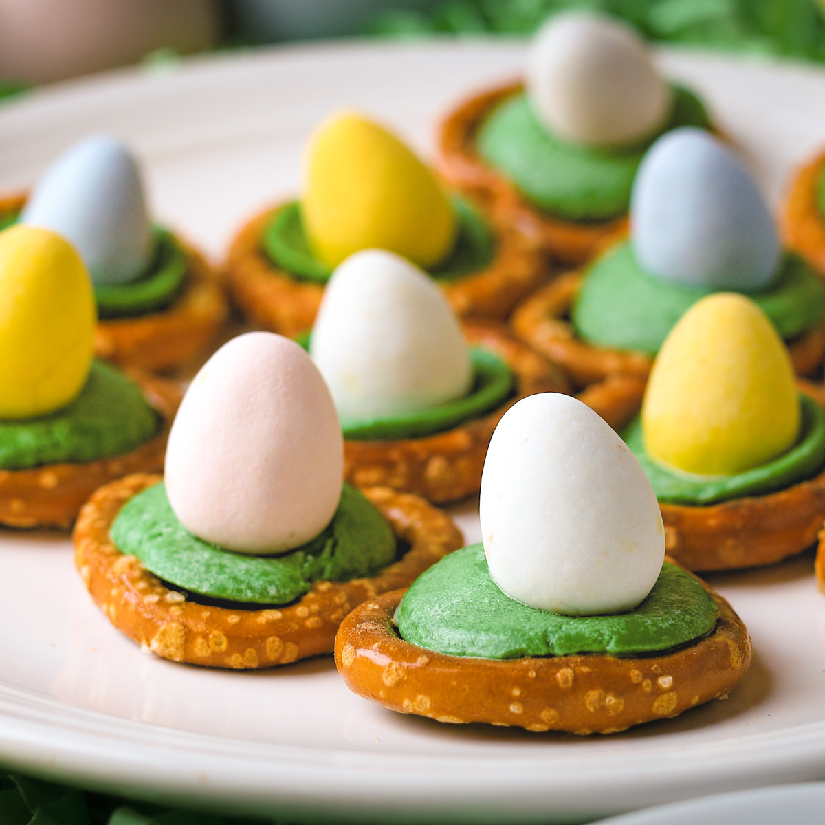 array of easter pretzels on white plate.