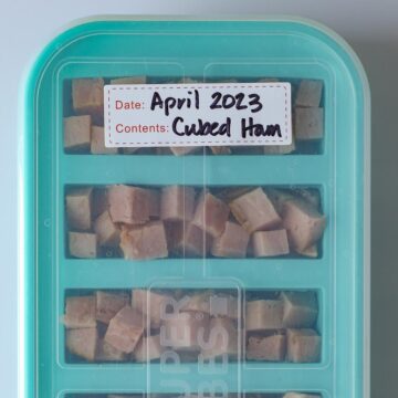 ham cubes in a souper cube tray, with labeled lid.