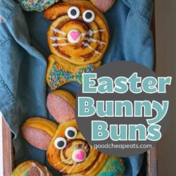 overhead shot of easter bunny buns, with text overlay.