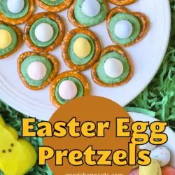 overhead shot of easter egg pretzels, with text overlay.