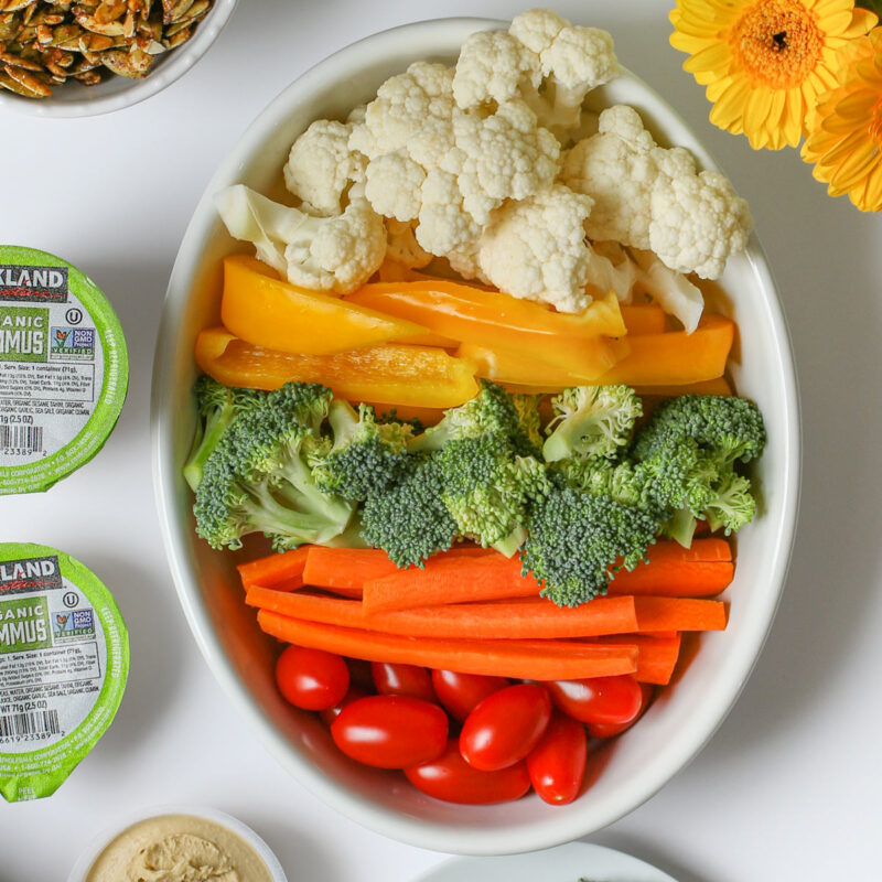 overhead shot of easter egg veggie tray.