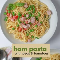 bowls of ham pasta on white table, with text overlay.