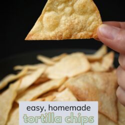 holding a chip over a bowl of chips, with text overlay.