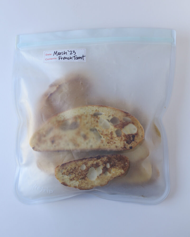 sourdough french toast in a ziptop bag.