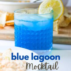 glass of blue mocktail and plate of chips and dip, with text overlay.