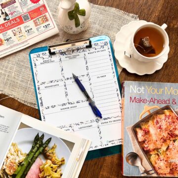 array of items on table: grocery ad, cup of tea, ceramic duck, meal planning worksheet, and cookbooks.