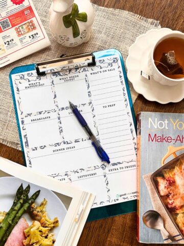 array of items on table: grocery ad, cup of tea, ceramic duck, meal planning worksheet, and cookbooks.