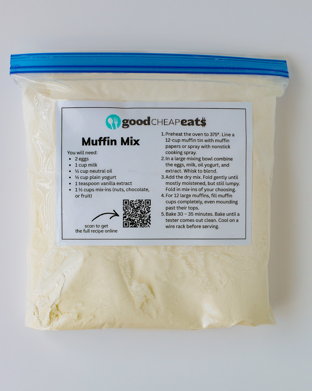 dry muffin mix in a zip top bag with a printed label.