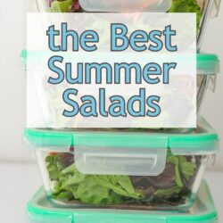 stack of salads in meal prep containers, with text overlay.