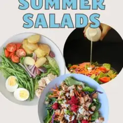 circle collage of summer salads, with text overlay.