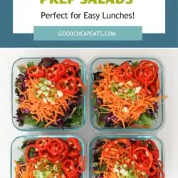 array of meal prep salads with text overlay.