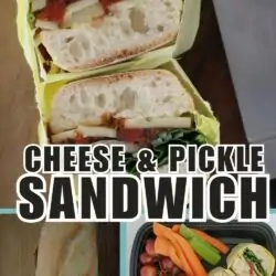 collage of cheese and pickle baguettes with text overlay.
