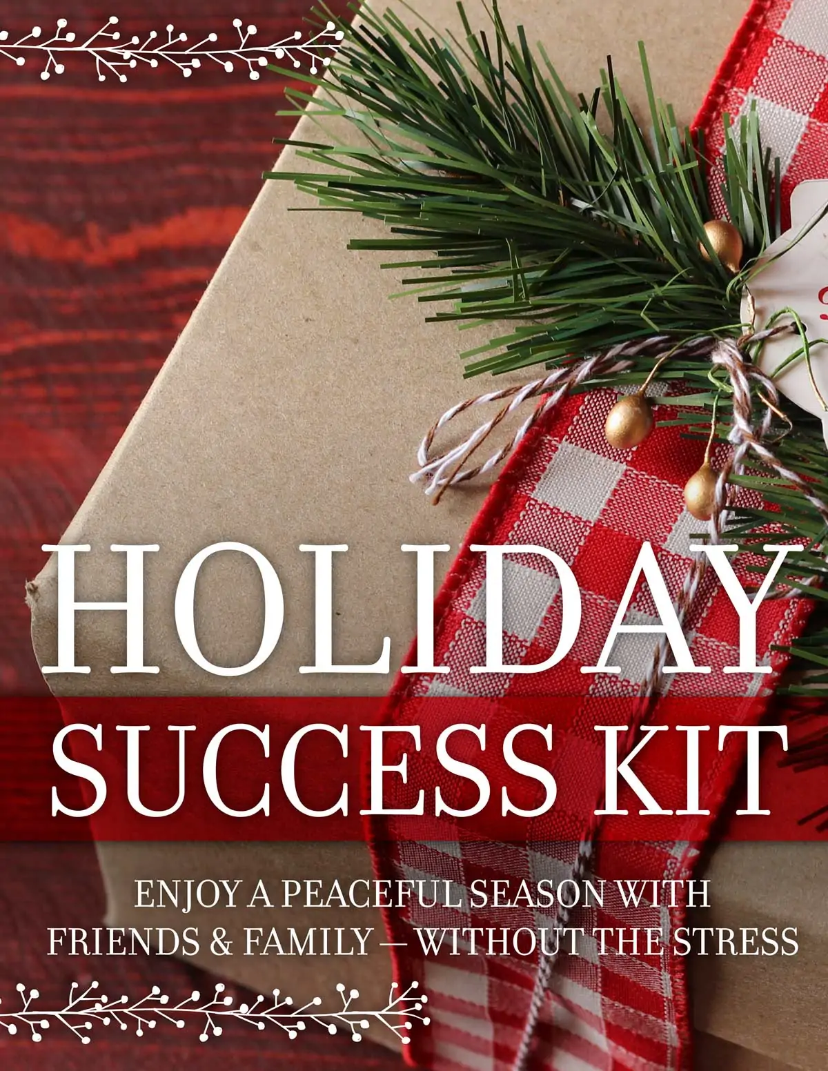 cover image from holiday success kit, a closeup of a present tied with red checked ribbon and greenery.