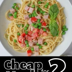 plate of tasty pasta, with text overlay.