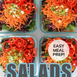array of meal prep salads, with text overlay.