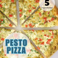 sliced pesto pizza on tray, with text overlay.