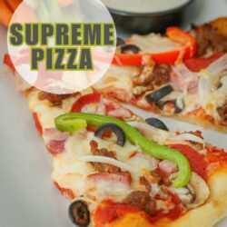 slices of supreme pizza, with ranch dressing, with text overlay.