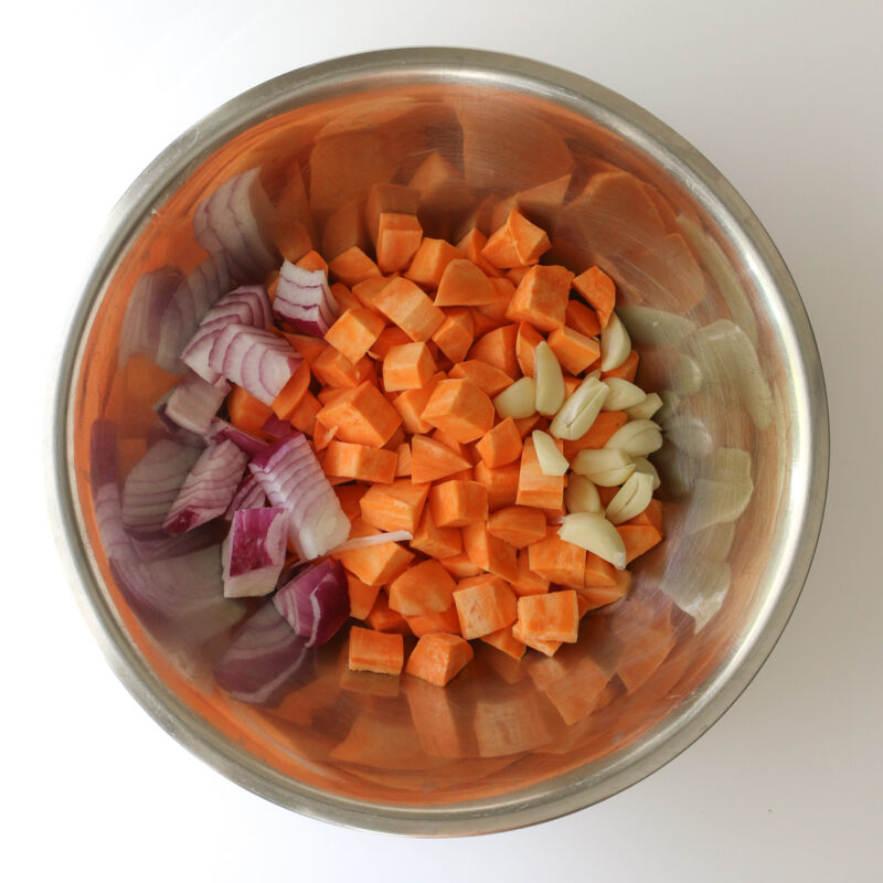 vegetables in a metal bowl.