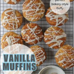 array of vanilla muffins on a cooling rack and bowl of glaze nearby, with text overlay.