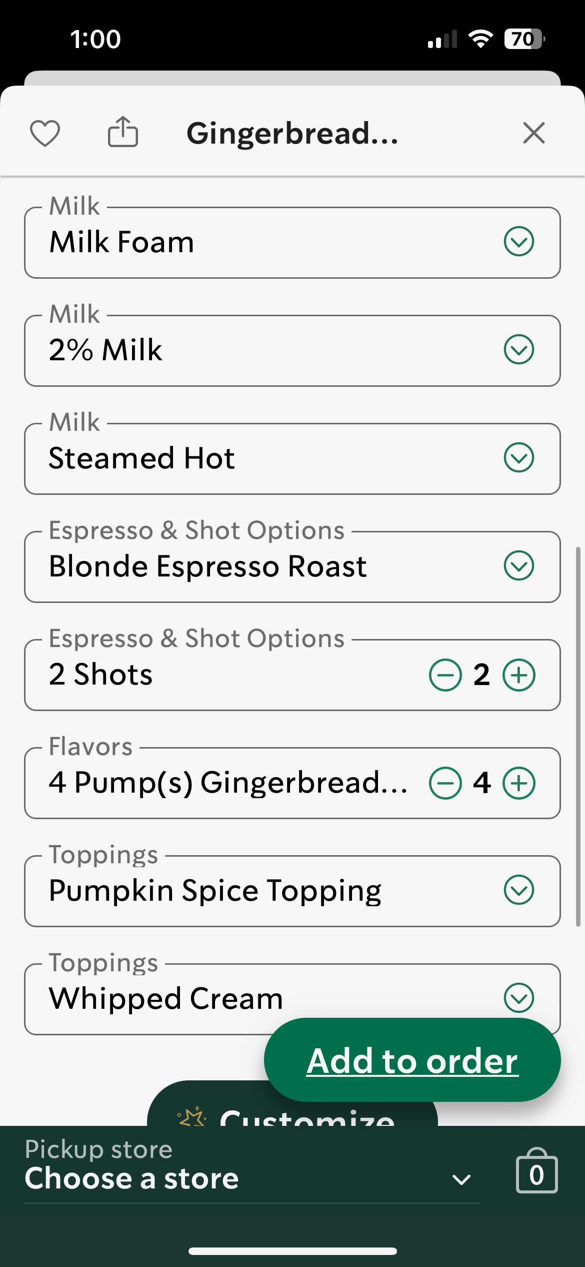 screenshot of starbucks app with details of gingerbread latte.