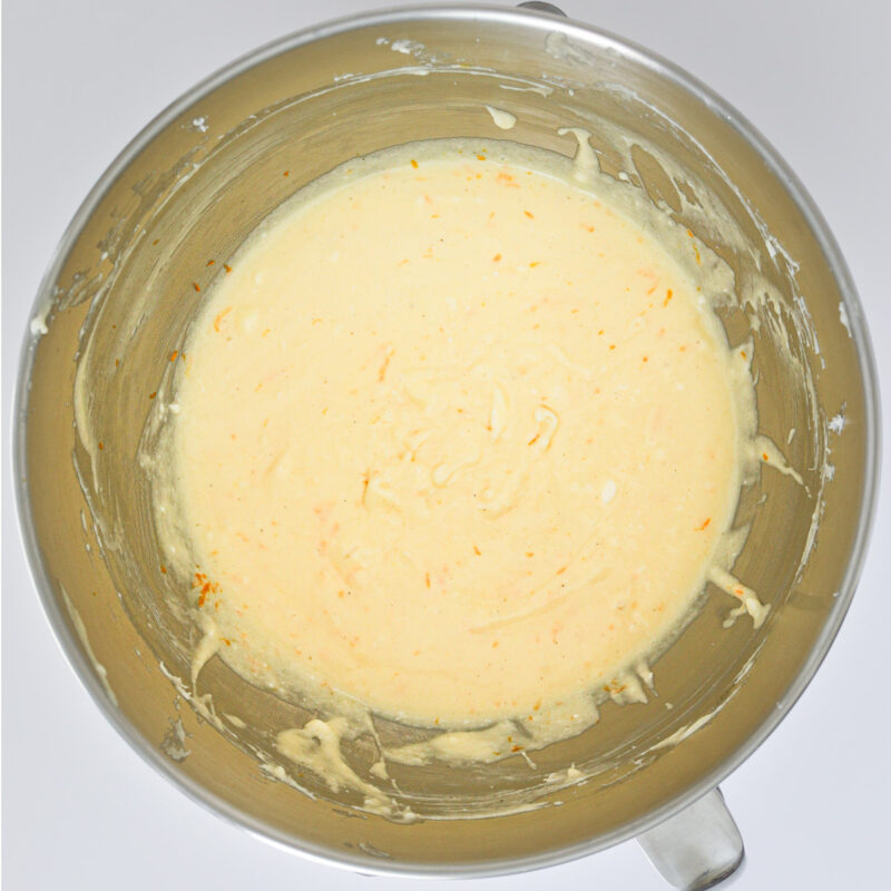 the wet ingredients combined in the mixer bowl.