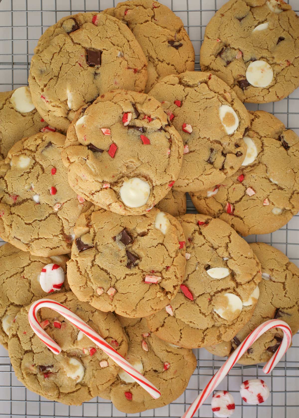 peppermint chocolate chip cookies cooling on a wire rack with a few peppermint candies added for decoration.