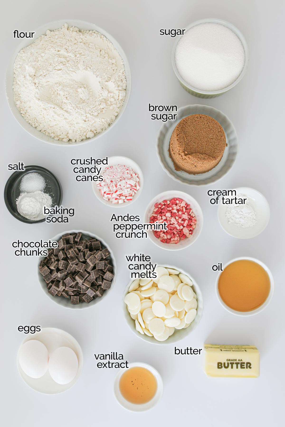 ingredients for peppermint bark bliss cookies.