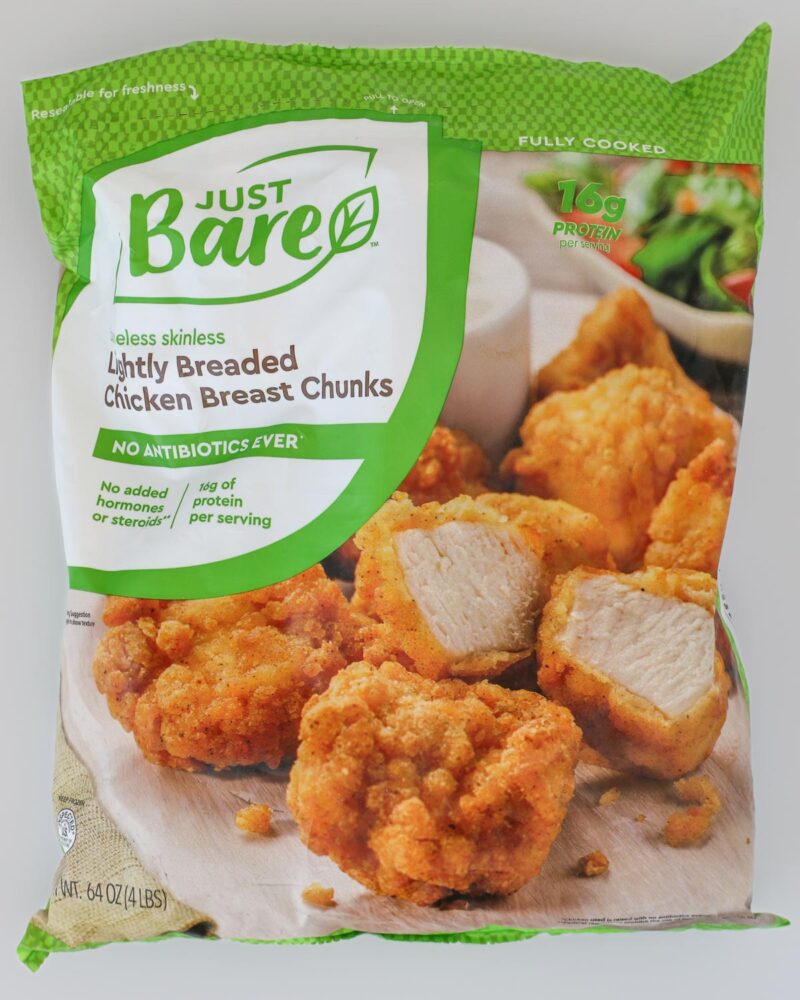 bag of bare chicken bread chunks on a white counter.