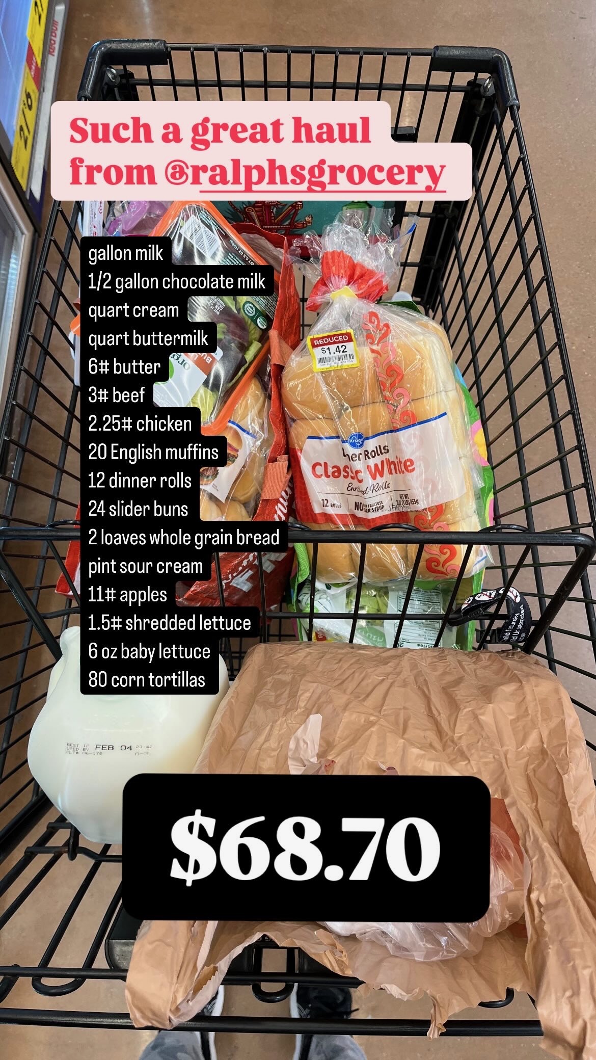 grocery haul with text overlay of contents and total cost.