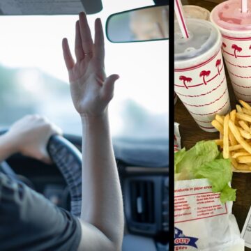 collage of stressed woman driver and order of burgers and drinks.