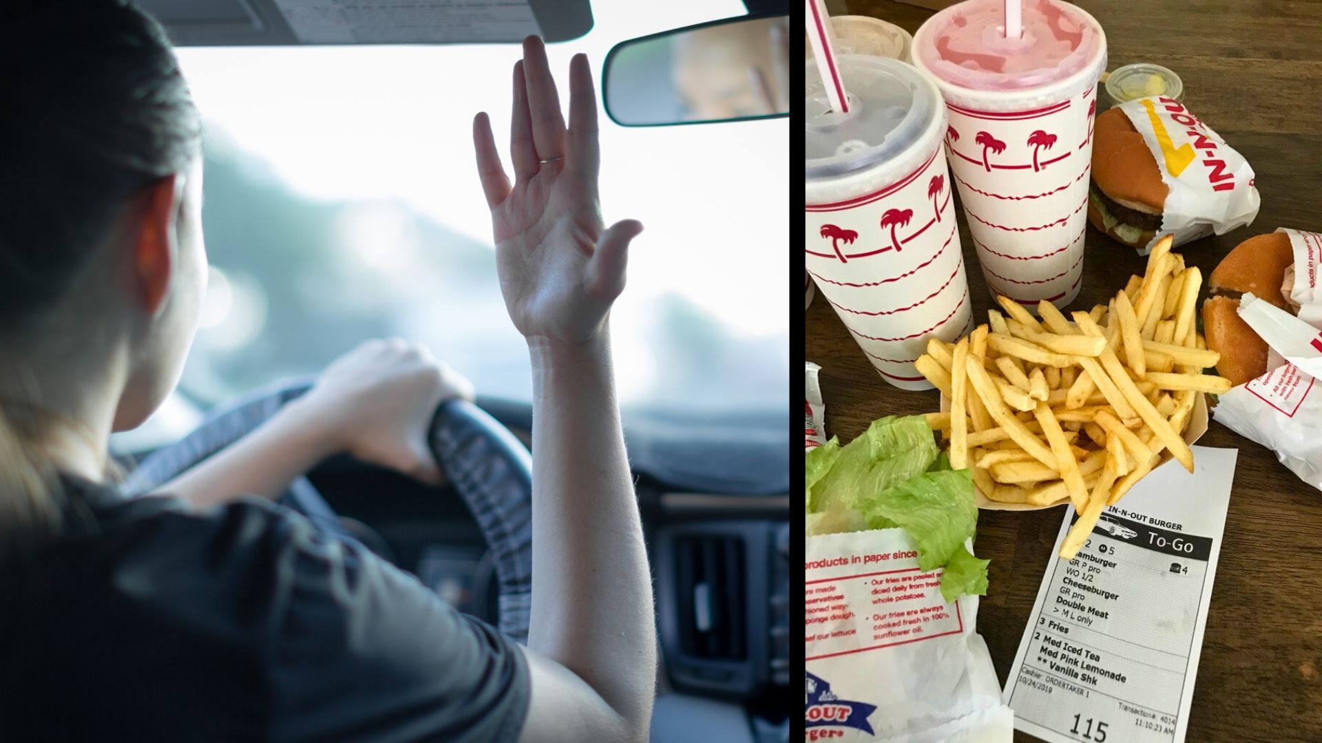 collage of stressed woman driver and order of burgers and drinks.