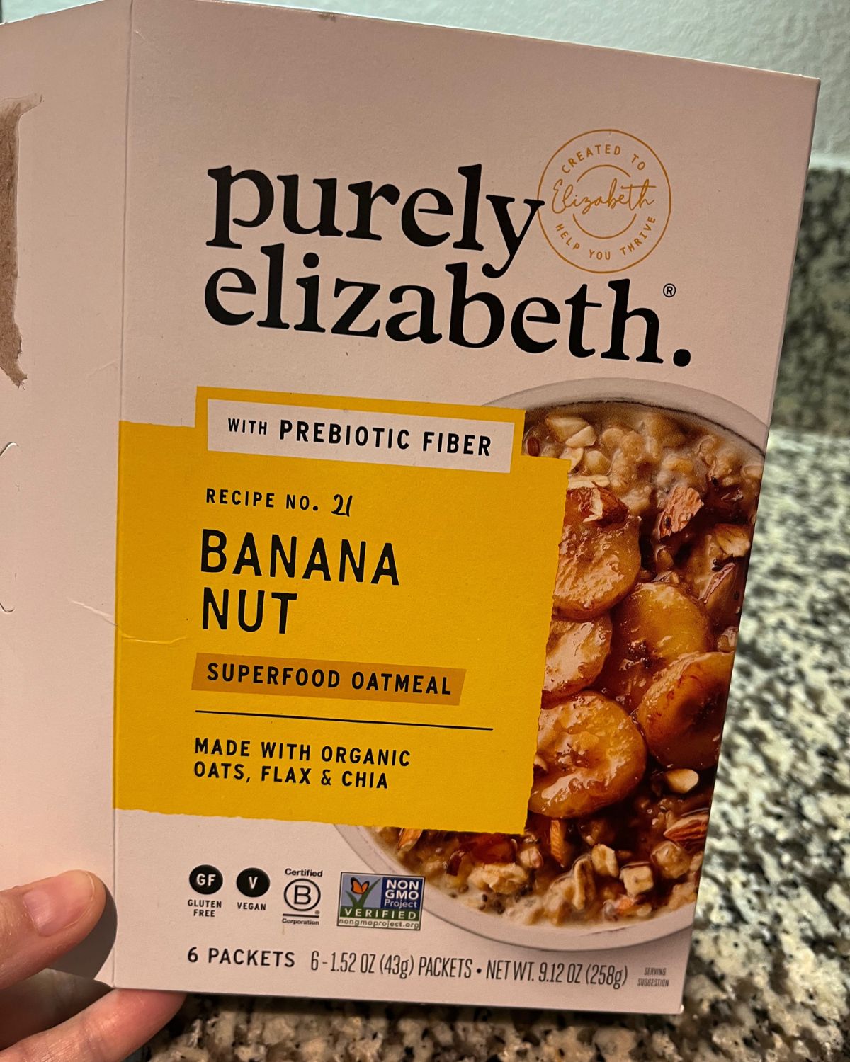 box of purely elizabeth instant oatmeal.