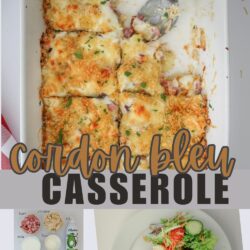 collage of chicken cordon bleu casserole, with a portion removed.