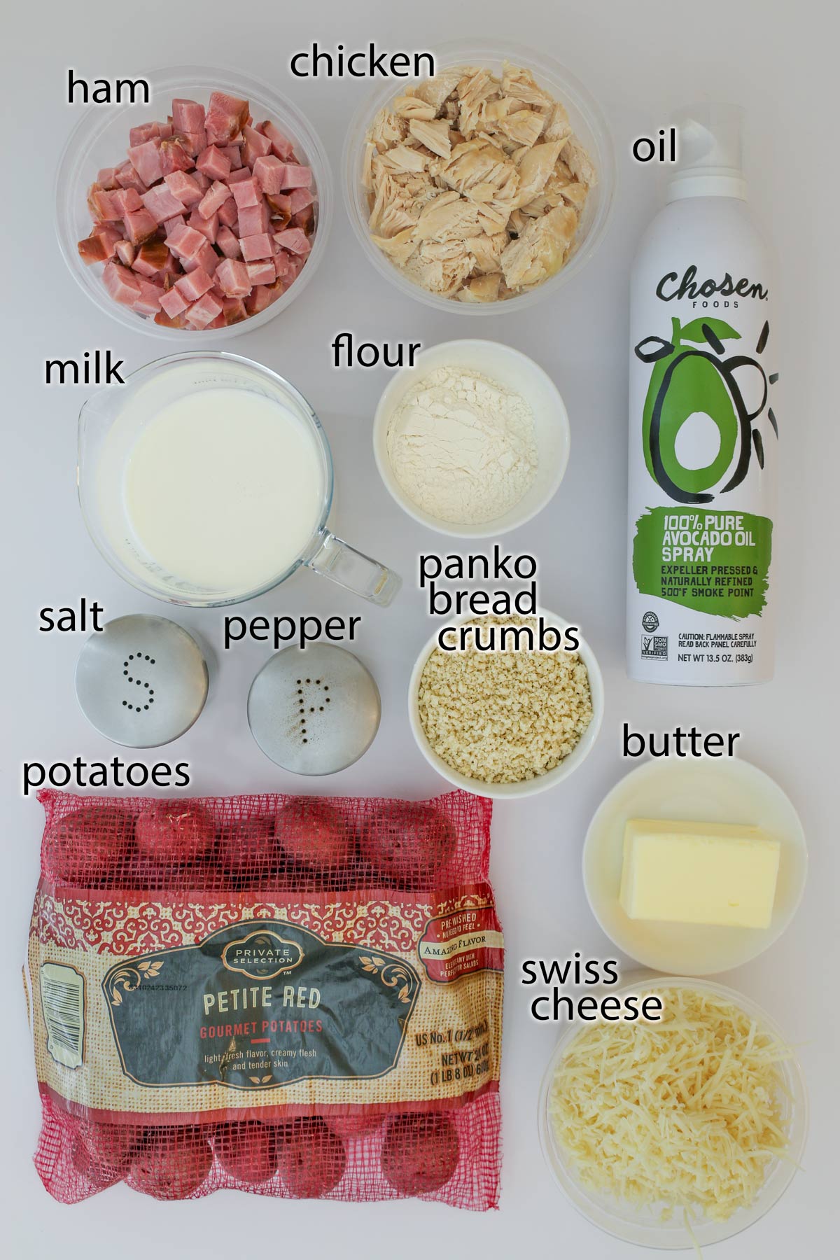 ingredients for chicken cordon bleu casserole laid out on a white counter.