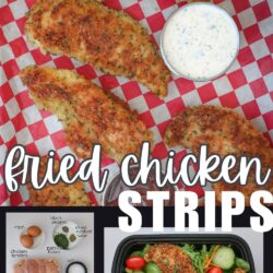collage of images of friend chicken strips, with text overlay.