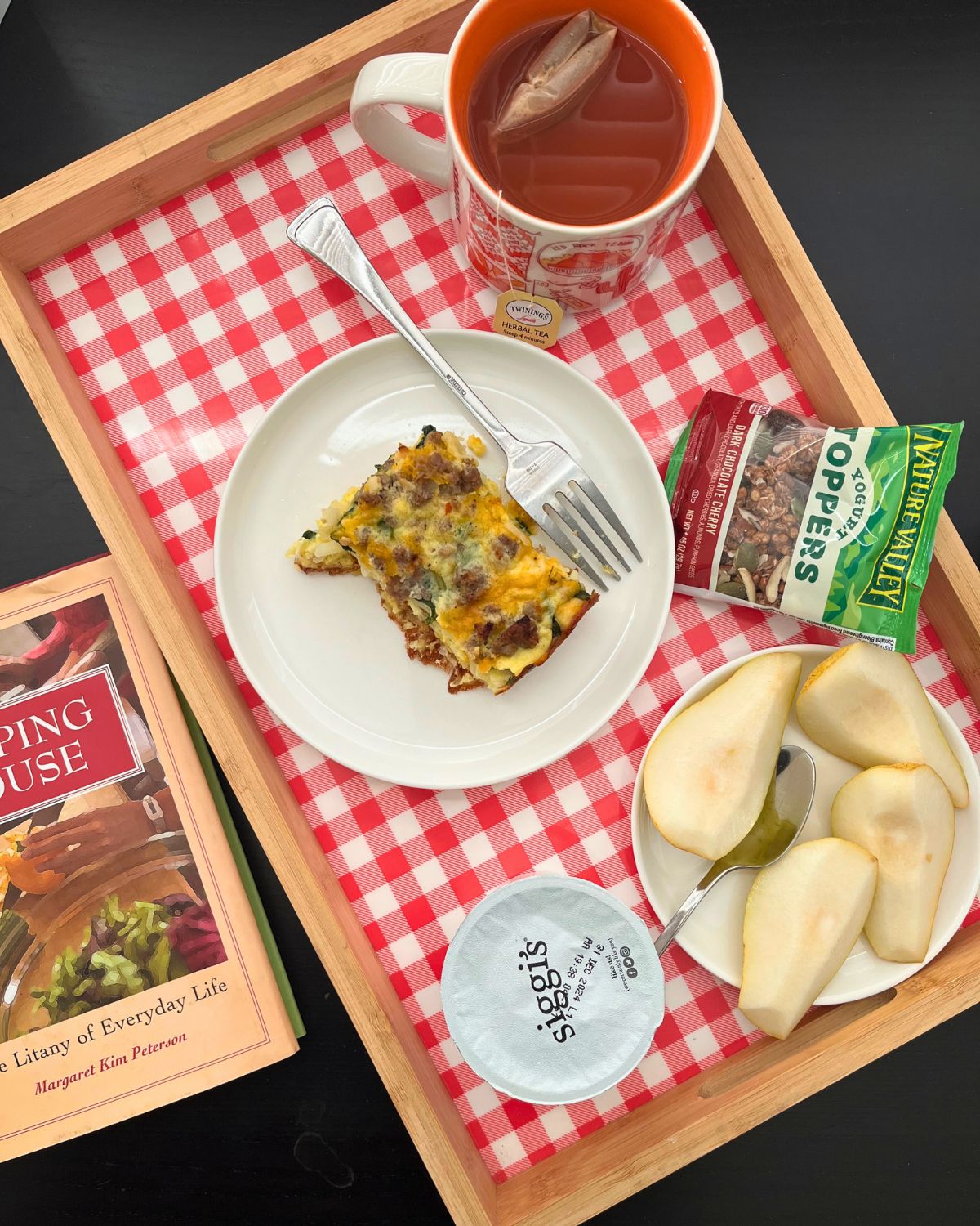 day 2 pantry challenge breakfast on red checked tray.