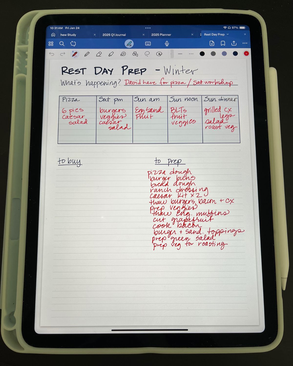 weekend prep list on iPad, with pencil charging.