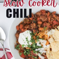 image of slow cooker and bowl of chili, with text overlay.