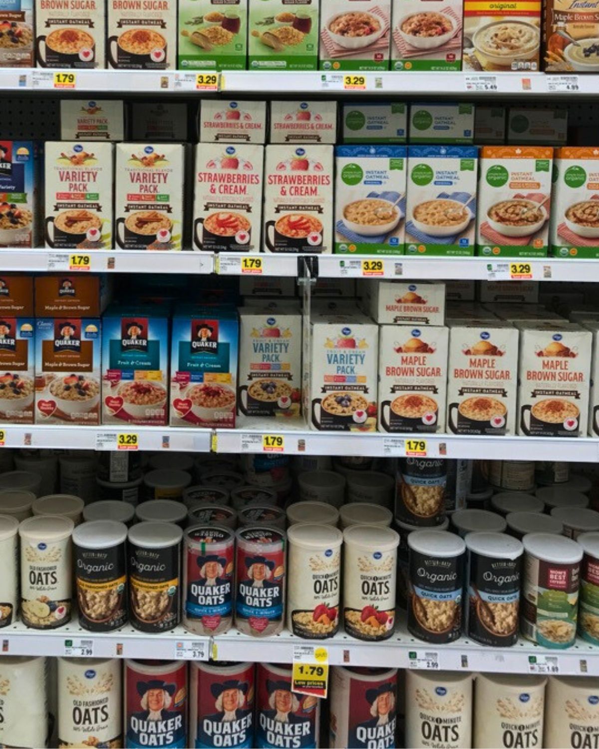 array of oats packages on the shelves at the grocery store.